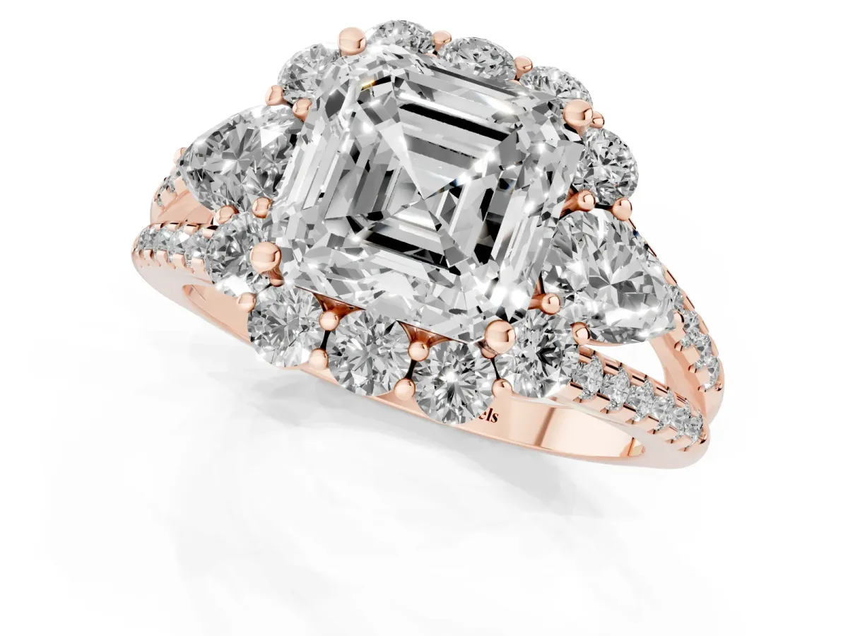 Asscher Cut Halo Split Shank Diamond Engagement Ring with Prong Setting Rose gold