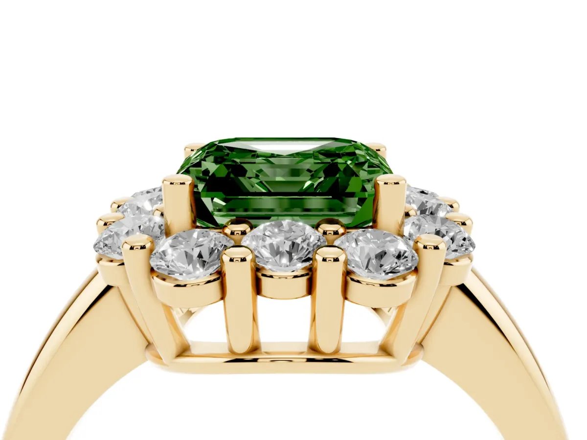 Fancy Green Asscher Cut Halo Cluster Diamond Engagement Ring with Prong Setting and Polished Band Yellow gold