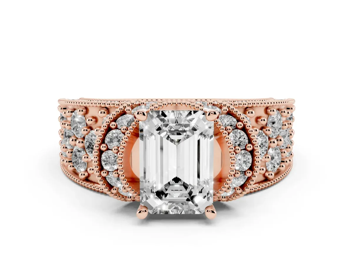 Emerald Cut Halo Pave Diamond Engagement Ring with Milgrain Detailing Rose gold