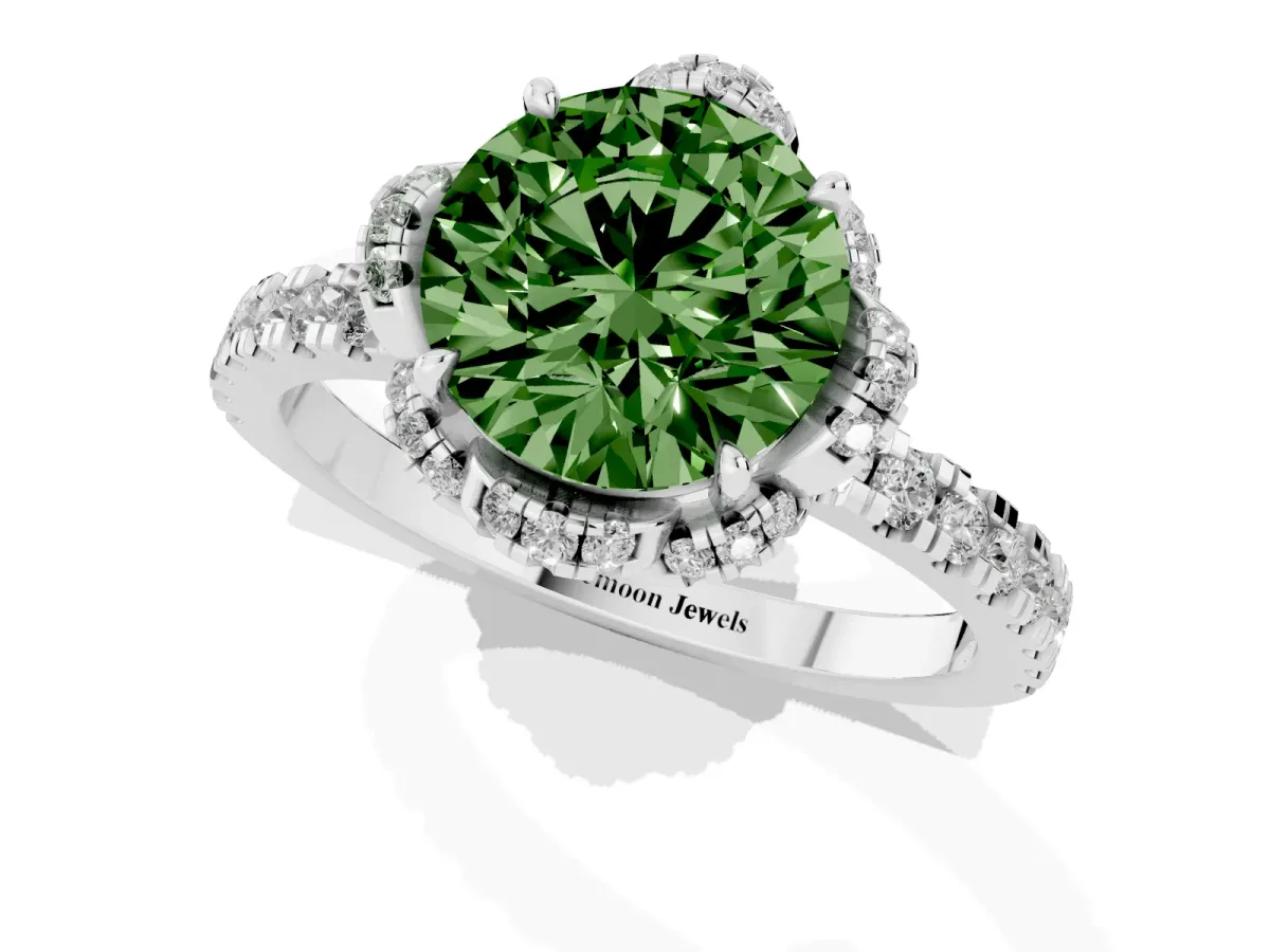 Fancy Green Round Cut Halo Diamond Pave Band Ring with Four-Prong Setting Silver