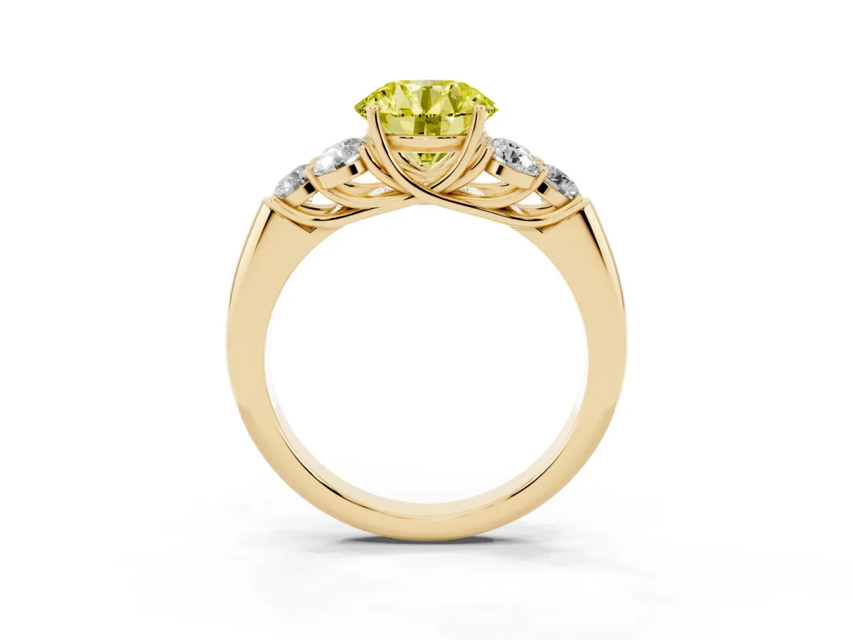 Fancy Yellow Round Cut Cut Diamond Cluster Ring with Round Accent Stones and Prong Setting on a Classic Band Yellow gold