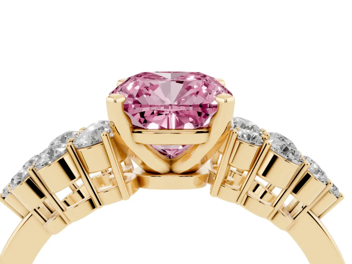 Fancy Pink Cushion Cut Cluster Diamond Engagement Ring with Pavé Band and Four-Prong Setting Yellow gold