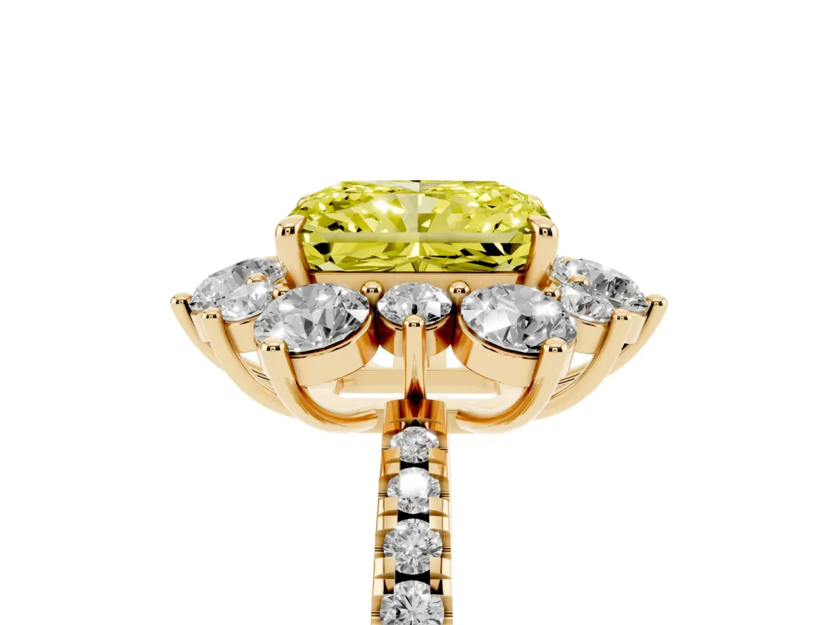 Fancy Yellow Radiant Cut Diamond Floral Halo Ring with Round Pavé Band and Prong Setting Yellow gold