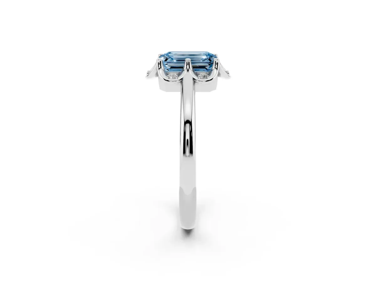 Fancy Blue Emerald Cut Halo Diamond Ring with Round Cluster Setting, Solitaire Band, and Four-Prong Setting Silver