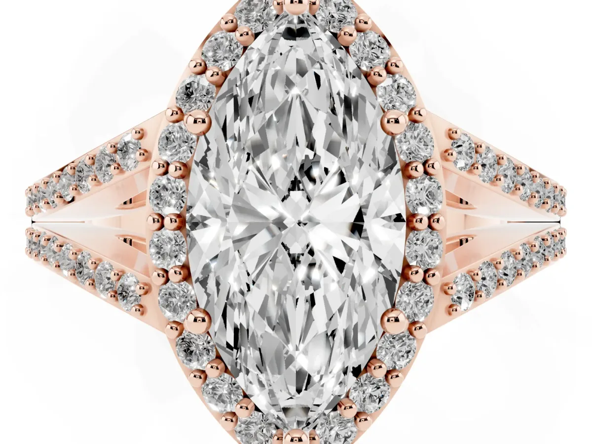 Marquise Cut Halo Split Shank Diamond Ring with Prong Setting Rose gold
