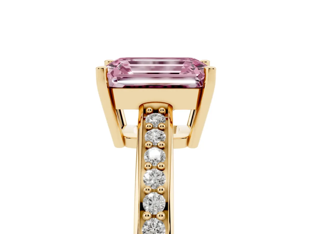 Fancy Pink Emerald Cut Solitaire Pavé Band Prong Setting Ring Yellow gold