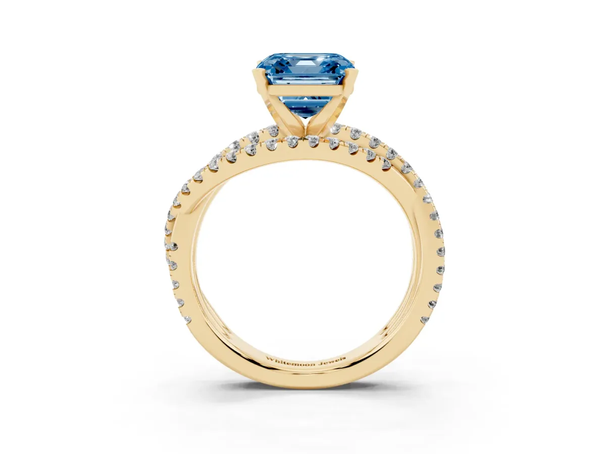 Fancy Blue Asscher Cut Solitaire Twist Band with Pavé Setting and Four-Prong Setting Yellow gold