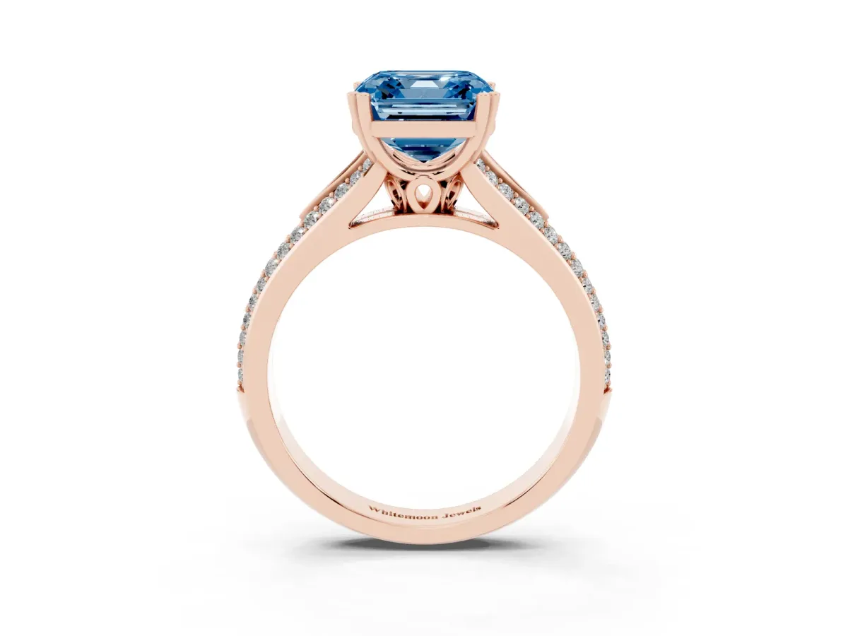 Fancy Blue Asscher Cut Diamond Split Shank Engagement Ring with Pavé Band Rose gold
