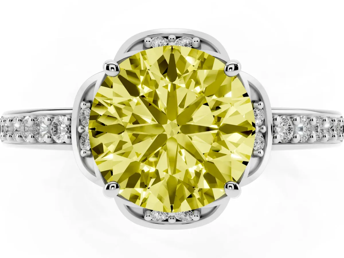 Fancy Yellow Round Cut Cut Halo Diamond Ring with Channel Set Band and Four-Prong Setting Platinum