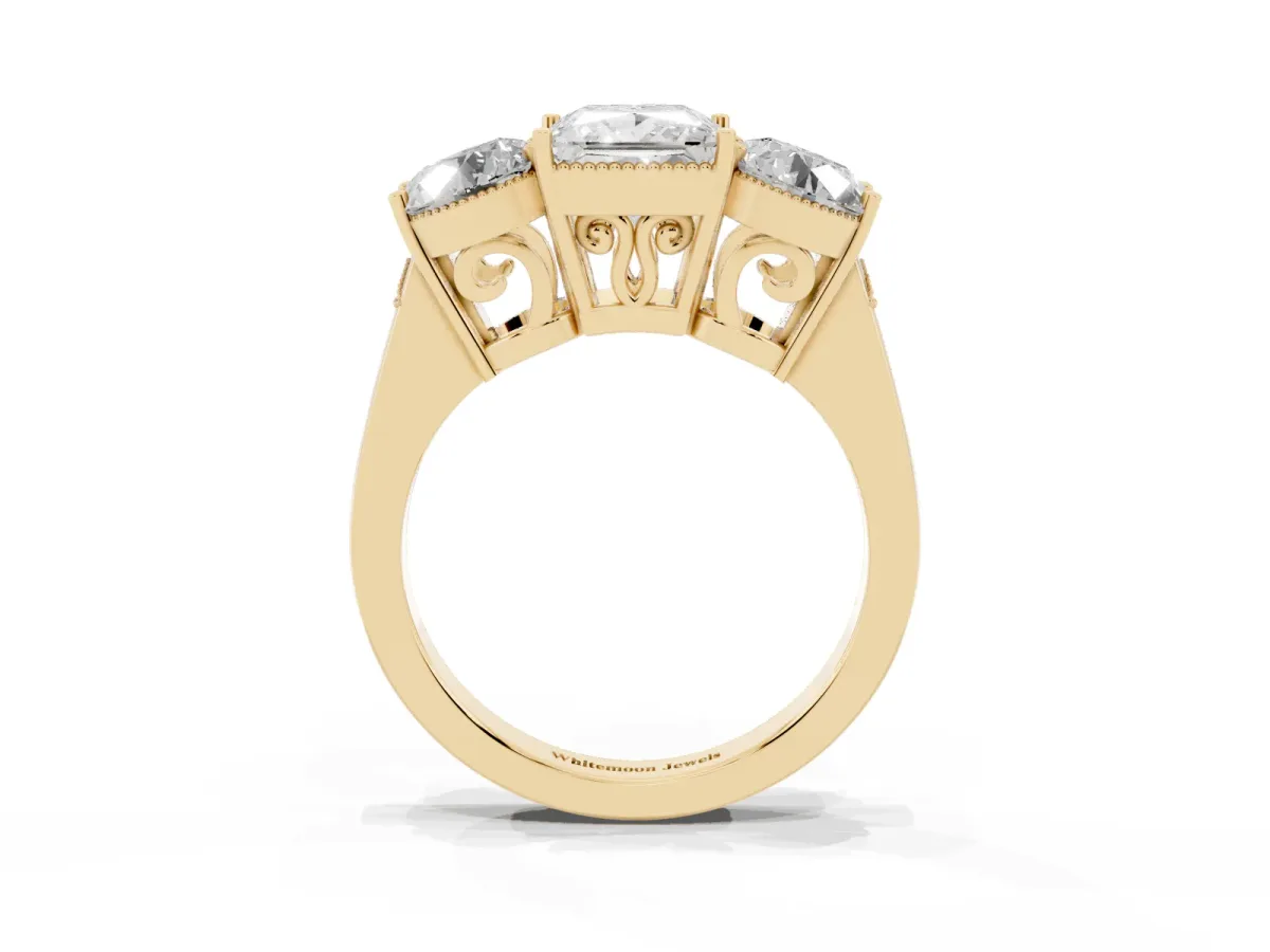 Three-Stone Princess Cut Diamond Engagement Ring with Prong Setting on a Classic Band Yellow gold