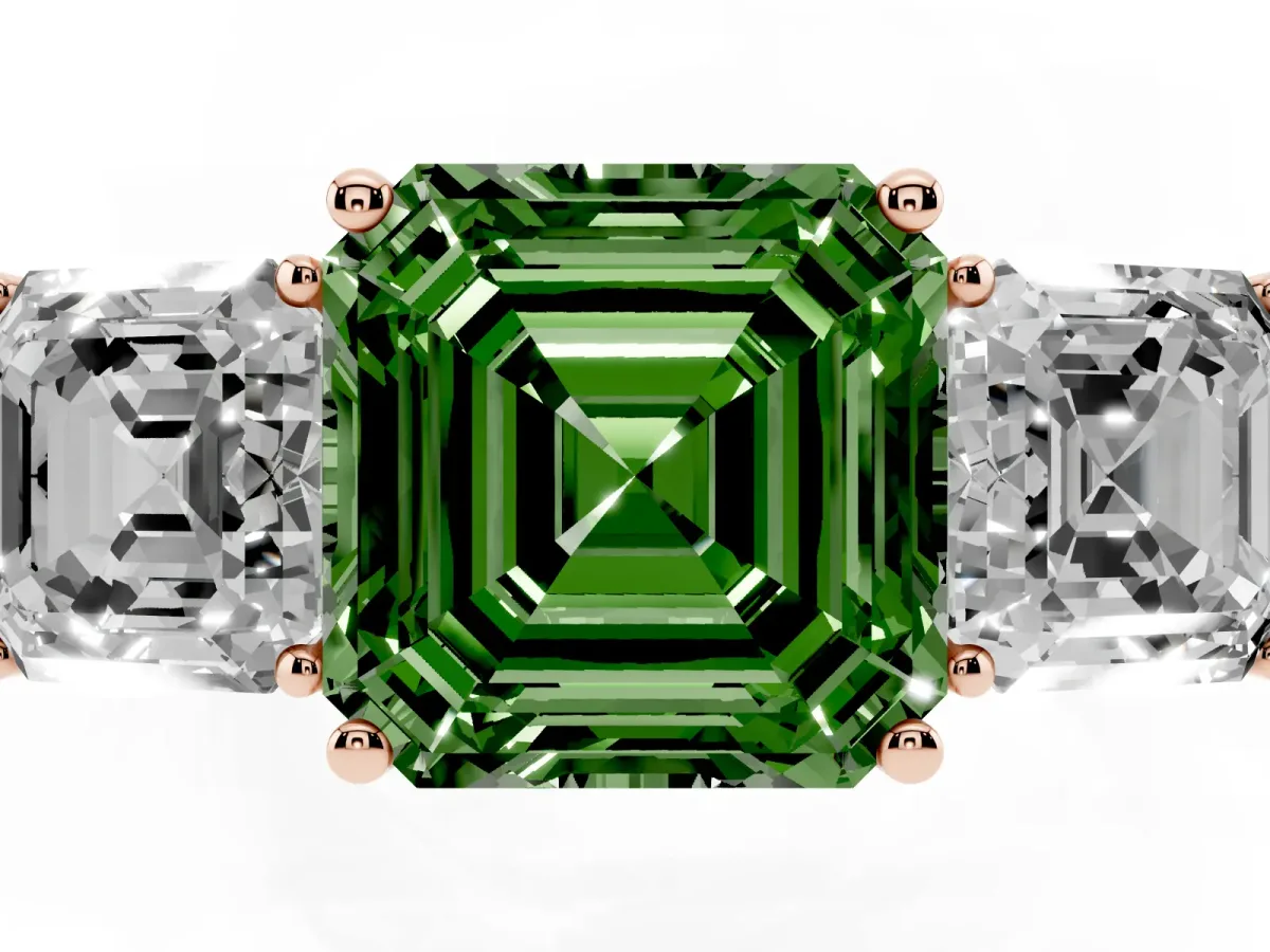Fancy Green Three-Stone Asscher Cut Cut Diamond Engagement Ring with Flat Band and Four-Prong Setting Rose gold