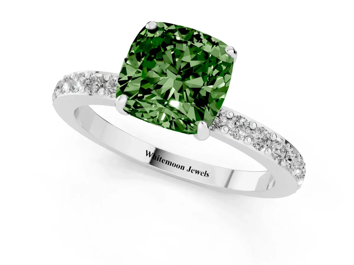 Fancy Green Cushion Cut Diamond Pavé Engagement Ring with Round Accents and Prong Setting Silver