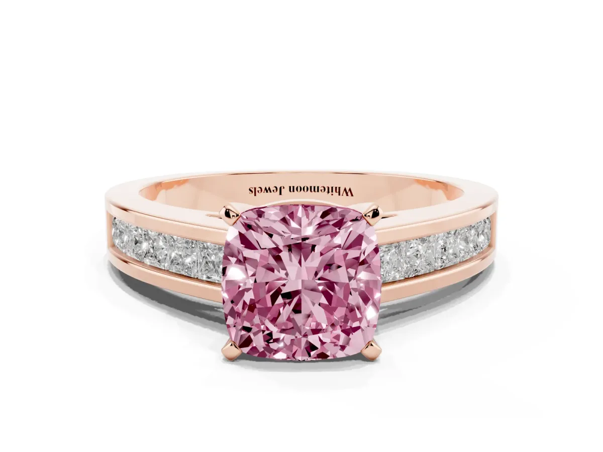 Fancy Pink Cushion Cut Solitaire Diamond Ring with Channel-Set Band and Four-Prong Setting Rose gold