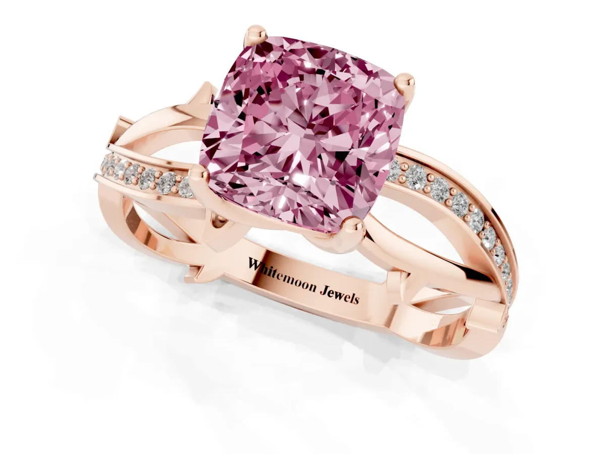 Fancy Pink Cushion Cut Solitaire Twist Band with Pavé Accents and Four-Prong Setting Rose gold