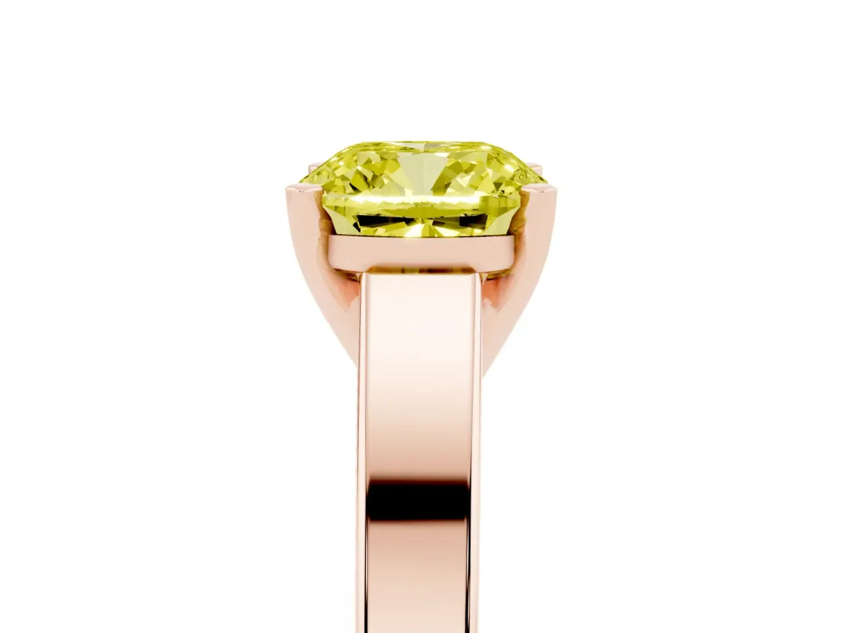 Fancy Yellow Cushion Cut Solitaire Engagement Ring with Four-Prong Setting and Tapered Band Rose gold