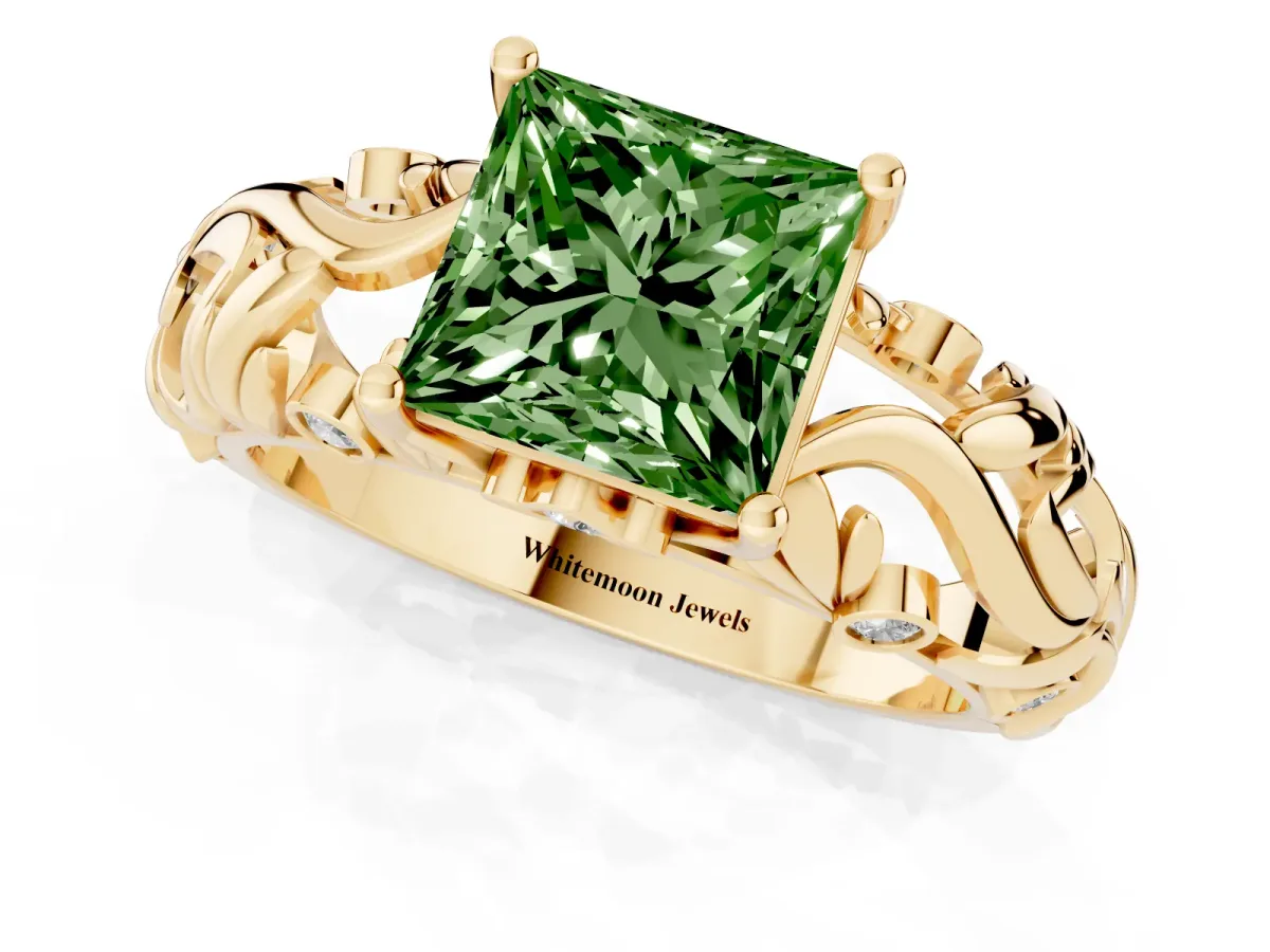 Fancy Green Princess Cut Solitaire Diamond Leaf-Inspired Vine Band Ring with Prong Setting Yellow gold