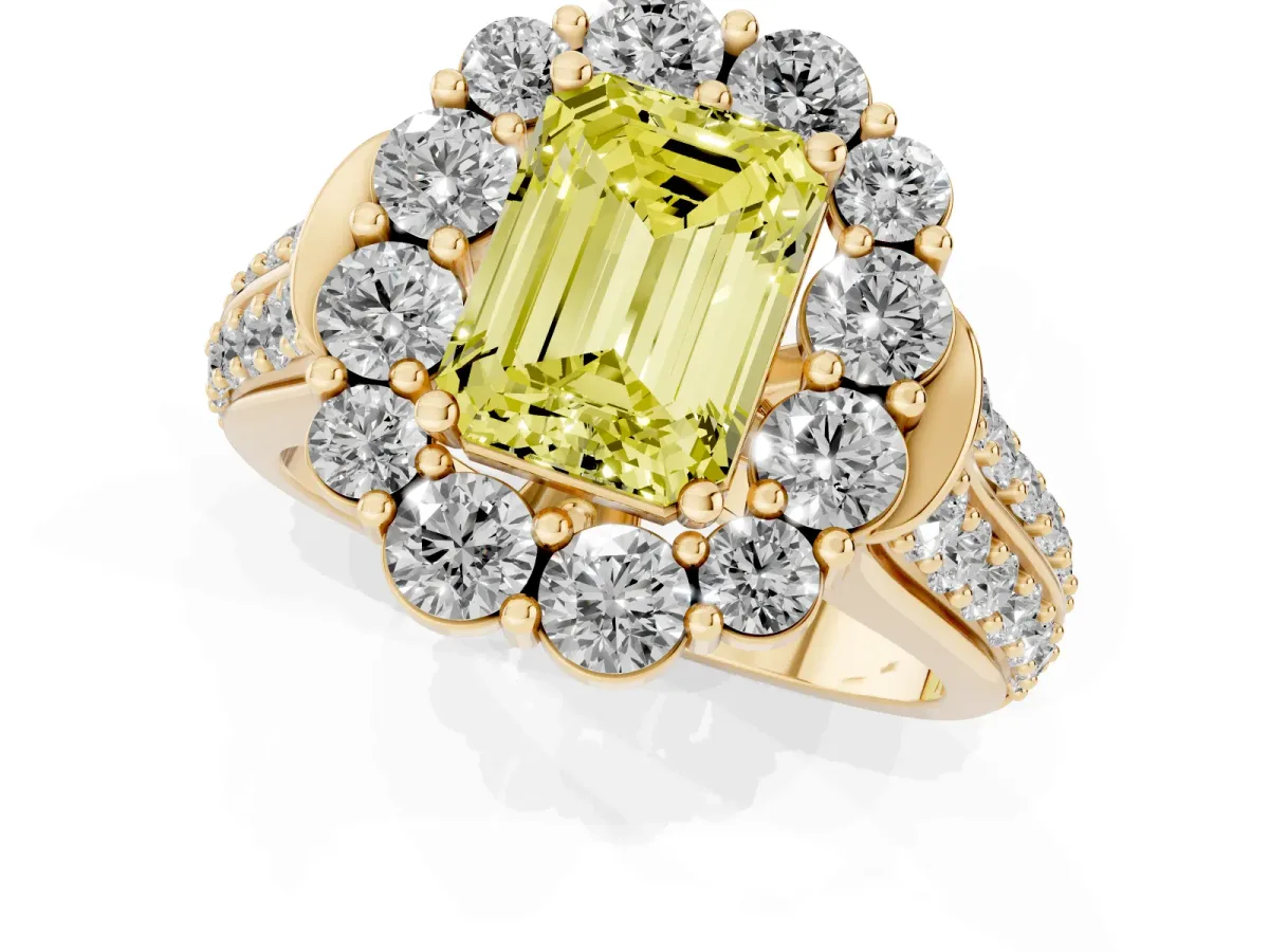Fancy Yellow Emerald Cut Halo Diamond Engagement Ring with Split Shank and Prong Setting Yellow gold
