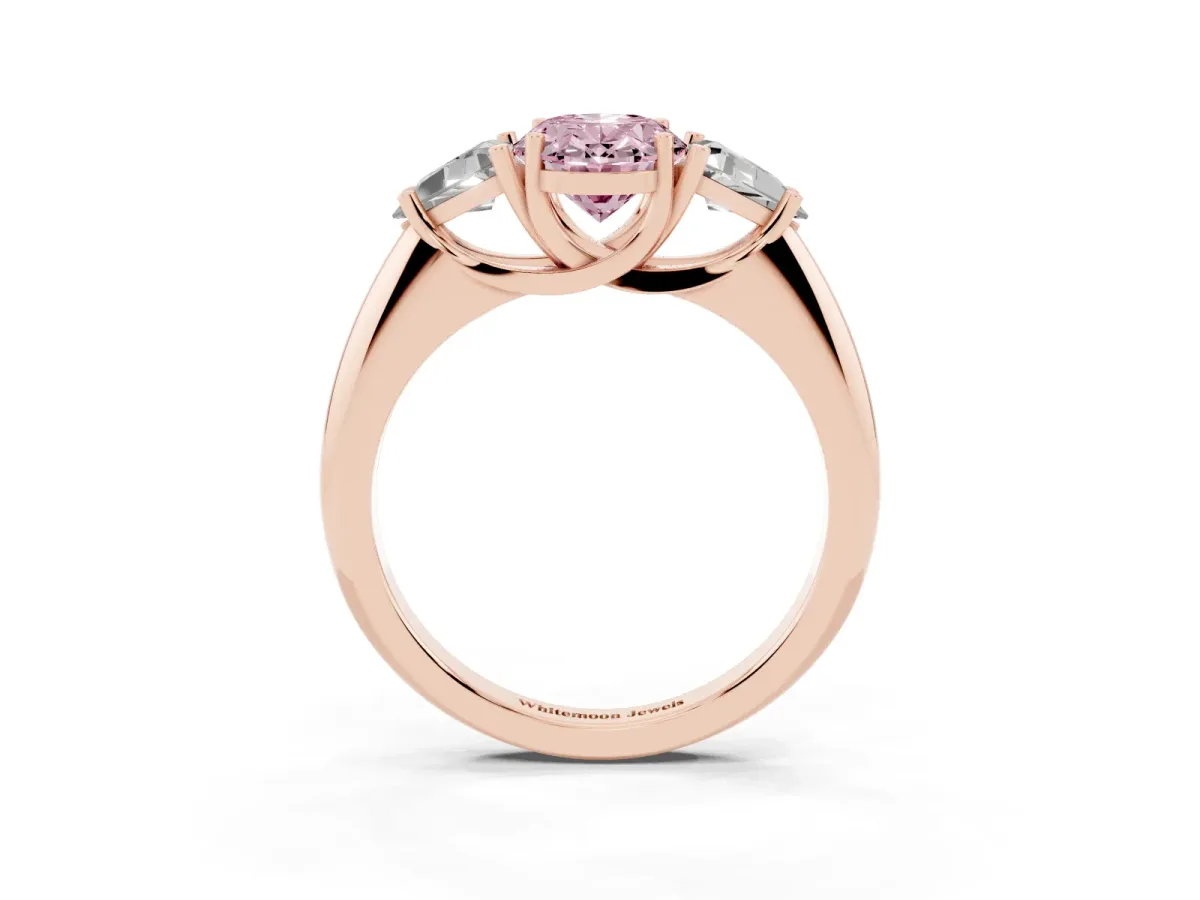 Fancy Pink Three-Stone Oval Cut Diamond Engagement Ring with Trillion Side Stones and Prong Setting Rose gold