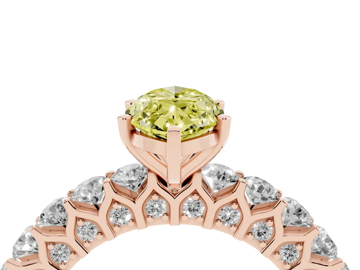 Fancy Yellow Marquise Cut Diamond Solitaire Ring with Shared Prong Pavé Band and Four-Prong Setting Rose gold