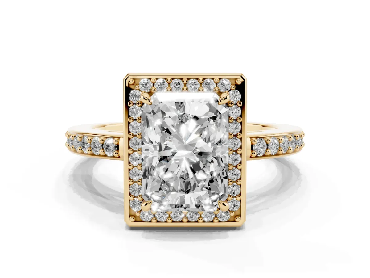 Radiant Cut Halo Pave Band Solitaire Ring with Prong Setting Yellow gold