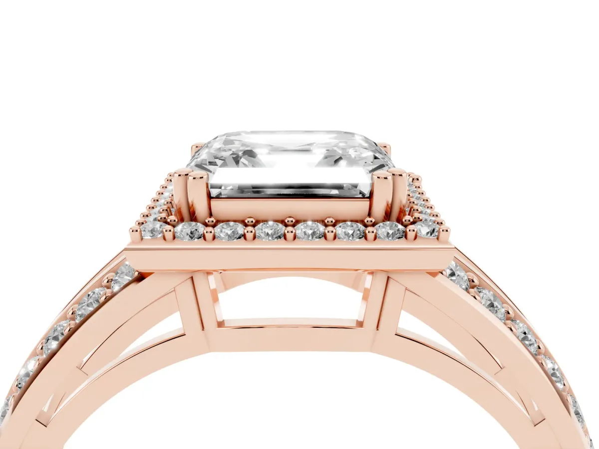 Asscher Cut Diamond Halo Ring with Split Shank Pavé Band and Four-Prong Setting Rose gold