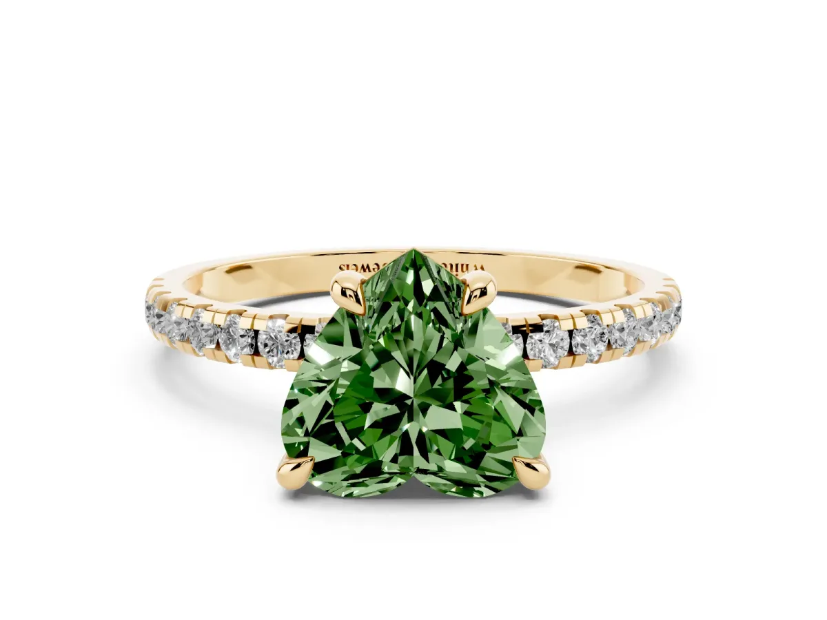 Fancy Green Heart Cut Diamond Brilliant Solitaire Ring with Pavé Band and Four-Prong Setting Yellow gold