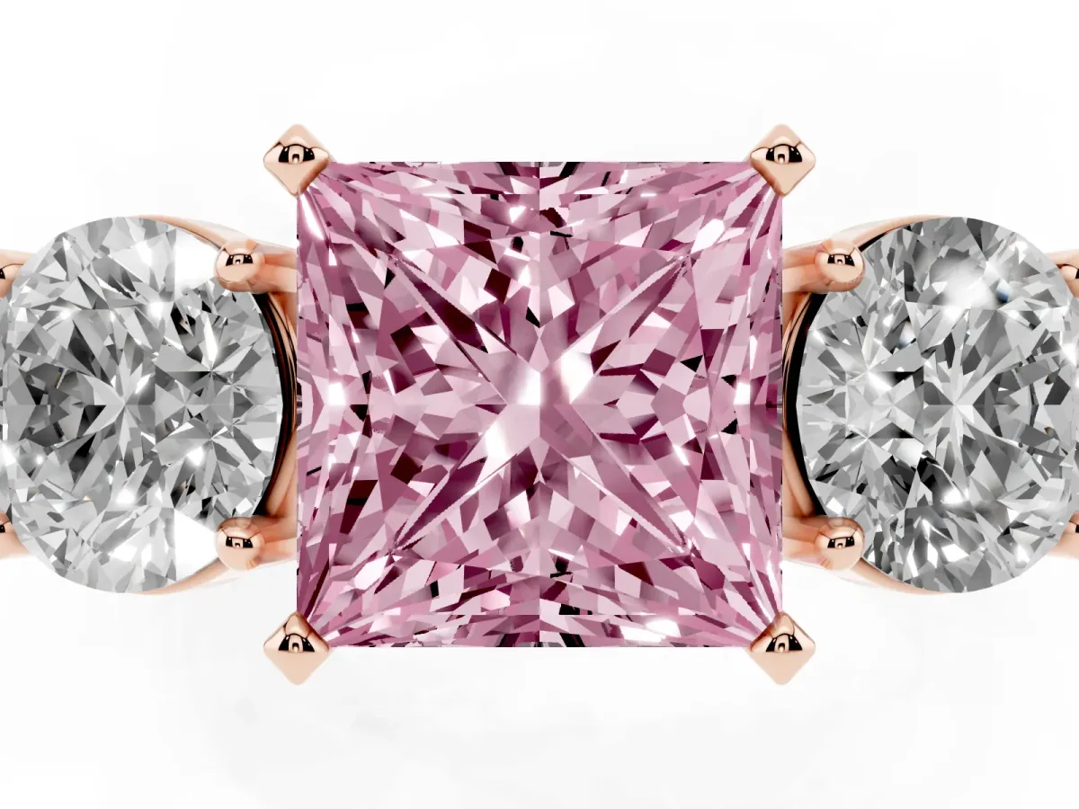 Fancy Pink Three-Stone Princess Cut Diamond Ring with Round Side Stones, Classic Band, and Four-Prong Setting Rose gold