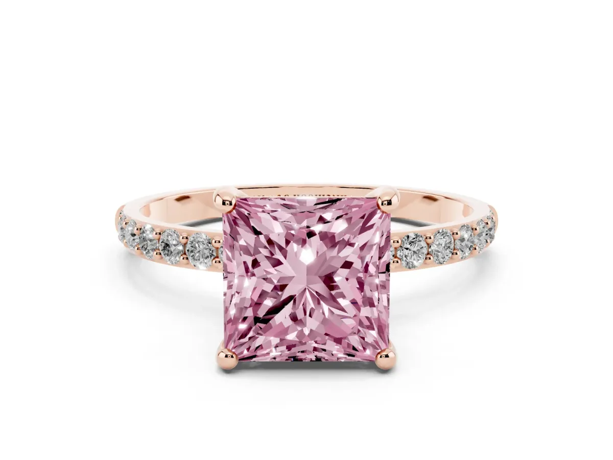 Fancy Pink Princess Cut Diamond Solitaire Ring with Round Pavé Band and Prong Setting Rose gold
