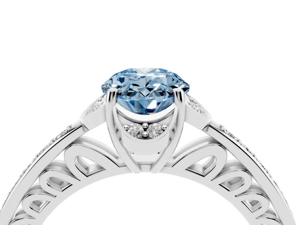 Fancy Blue Oval Cut Cut Halo Diamond Ring with Channel Set Band and Four-Prong Setting Silver