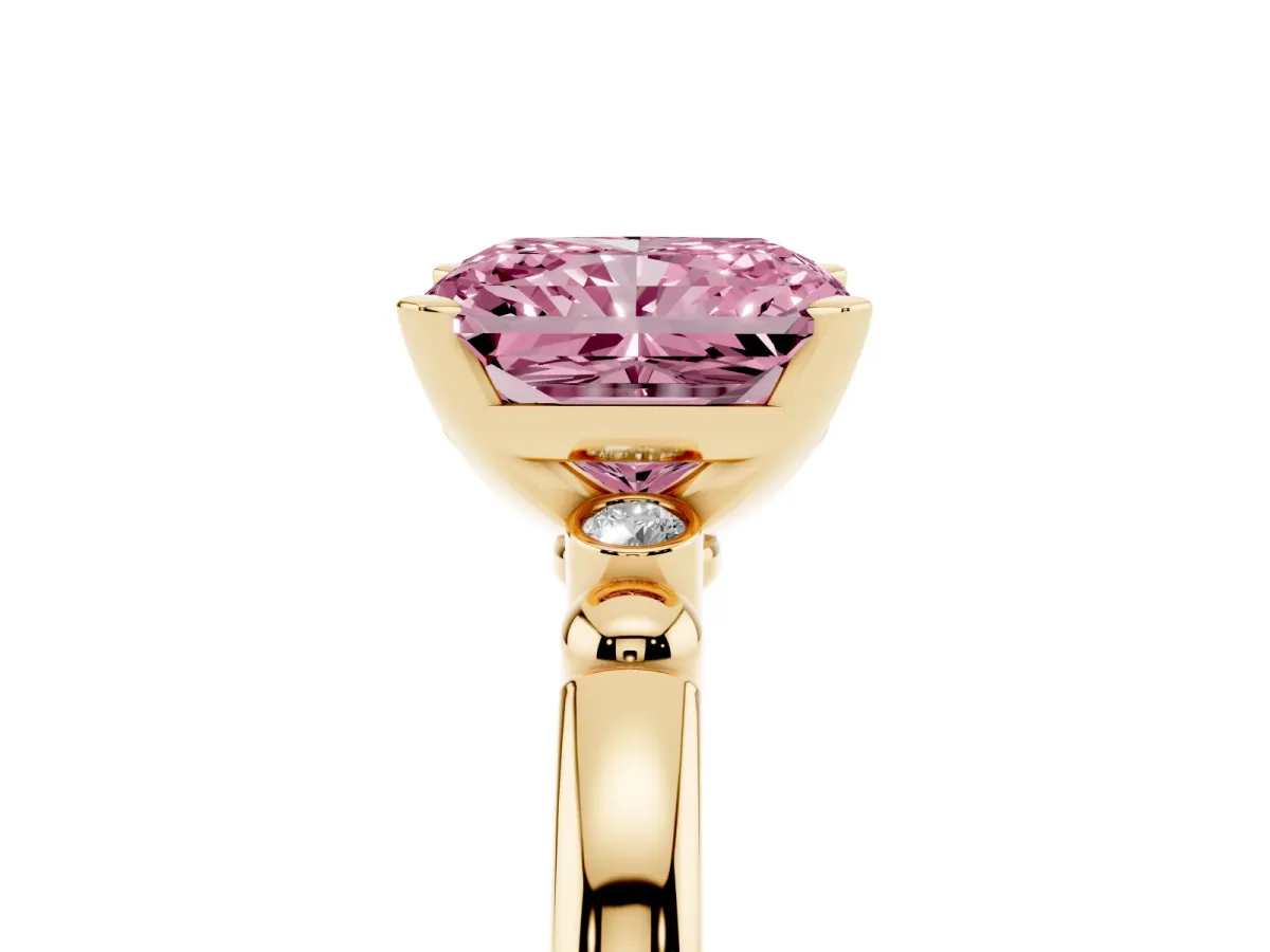 Fancy Pink Radiant Cut Solitaire Beaded Band with Four-Prong Setting Yellow gold