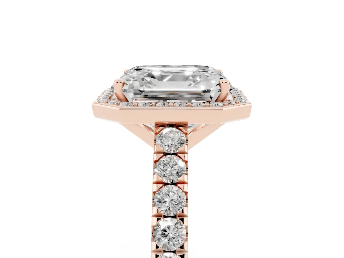 Asscher Cut Cut Halo Diamond Engagement Ring with Pave Band and Four-Prong Setting Rose gold