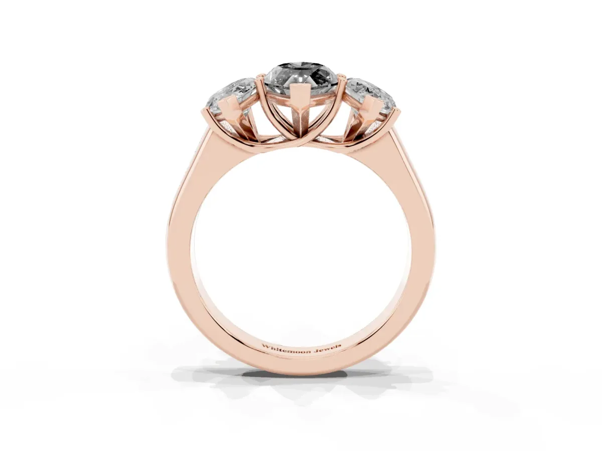 Fancy Black Marquise Cut Three-Stone Diamond Ring with Prong Setting on a Classic Band Rose gold