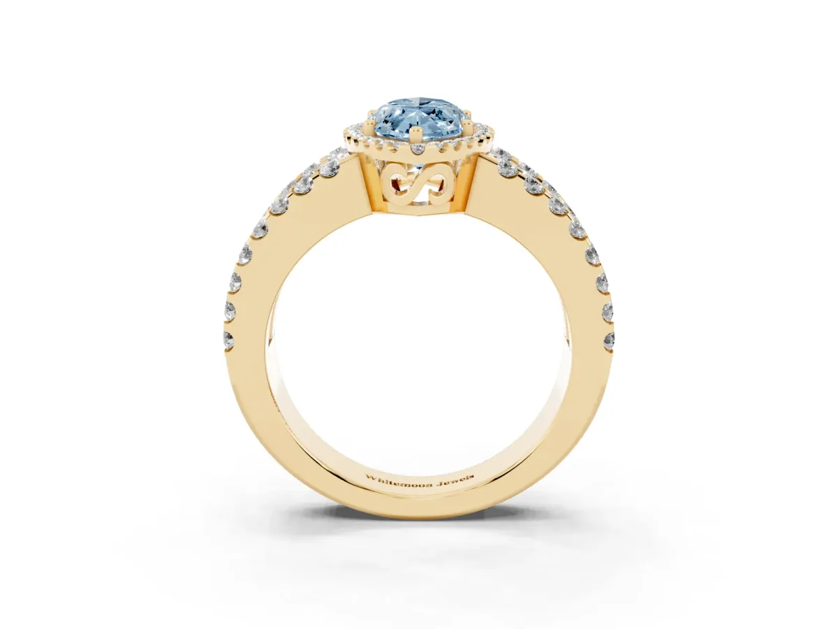 Fancy Blue Marquise Cut Cut Halo Split Shank Diamond Ring with Four-Prong Setting Yellow gold