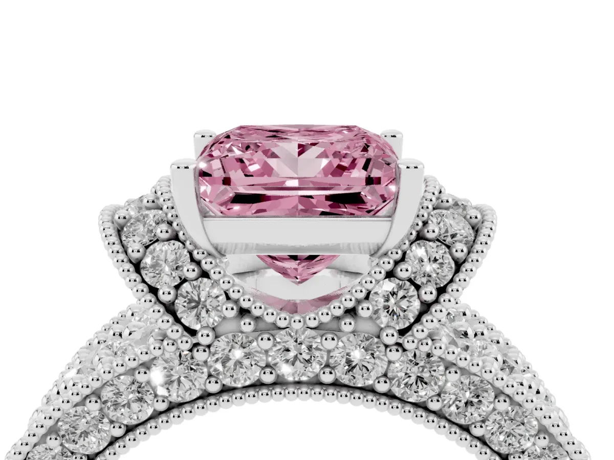 Fancy Pink Princess Cut Halo Pave Diamond Engagement Ring with Milgrain Detailing Silver