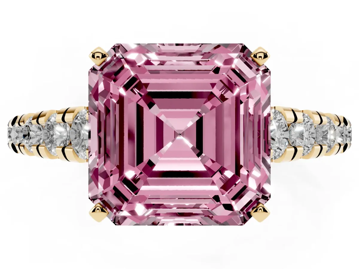Fancy Pink Asscher Cut Diamond Cathedral Solitaire Ring with Round Pavé Band Yellow gold
