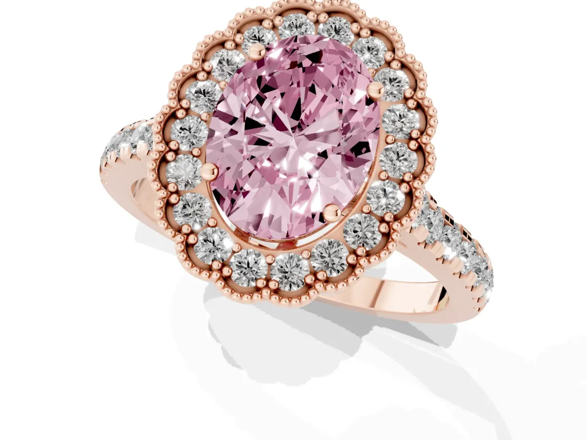 Fancy Pink Oval Cut Cut Diamond Milgrain Floral Halo Engagement Ring with Pavé Band Rose gold