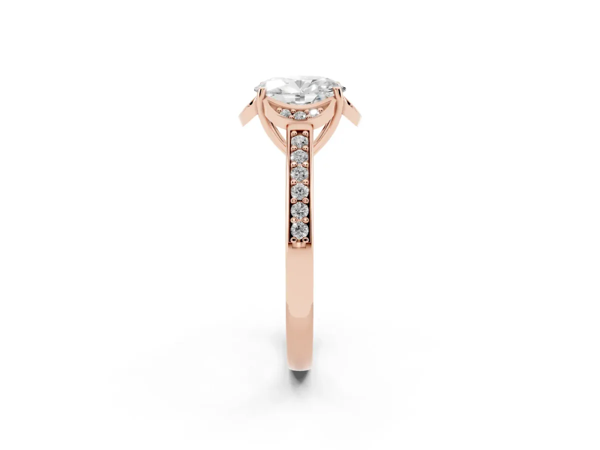 Oval Cut Cut Halo Diamond Ring with Channel Set Band and Four-Prong Setting Rose gold