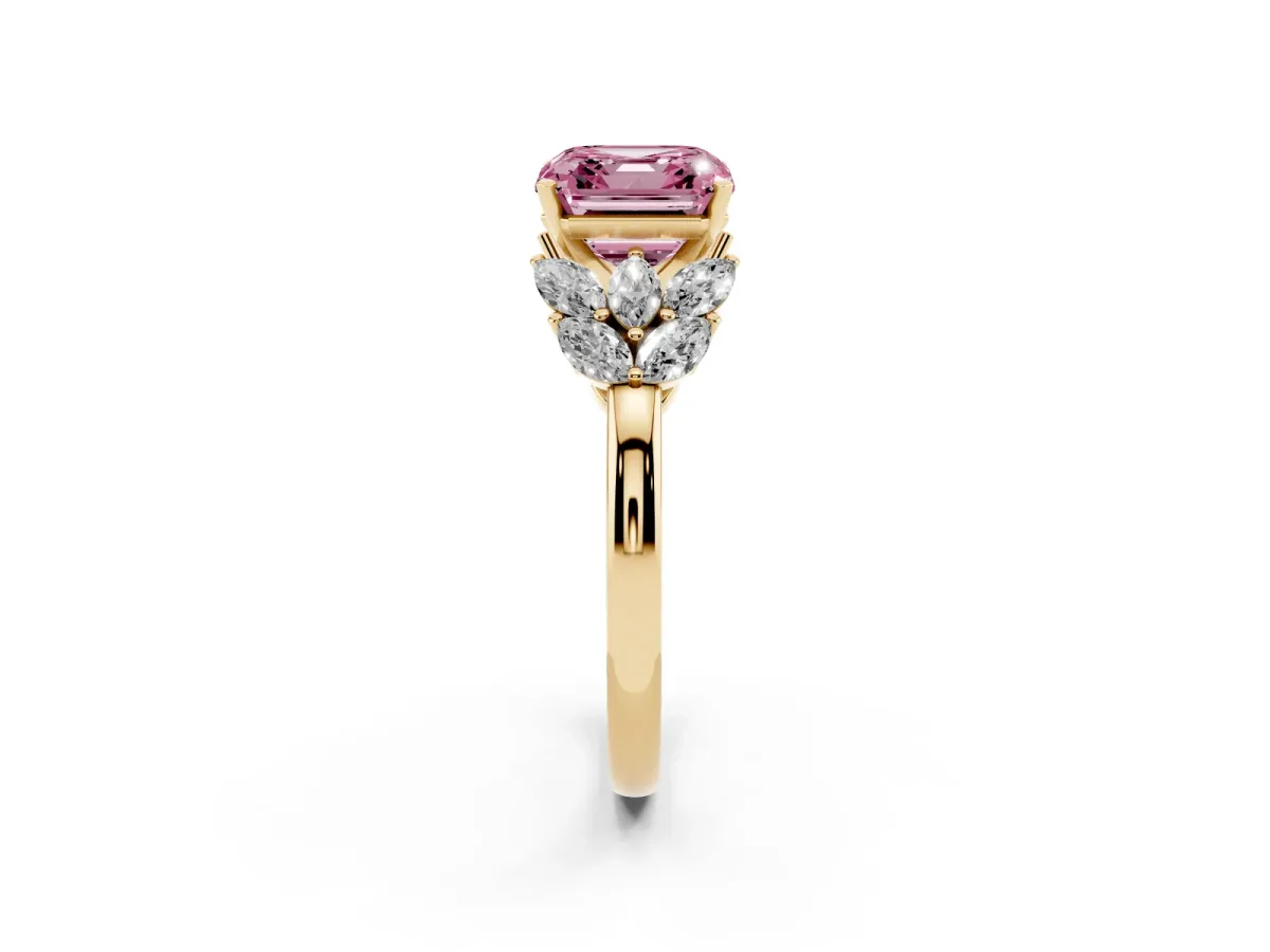 Fancy Pink Asscher Cut Diamond Cluster Leaf Design Ring with Prong Setting Yellow gold