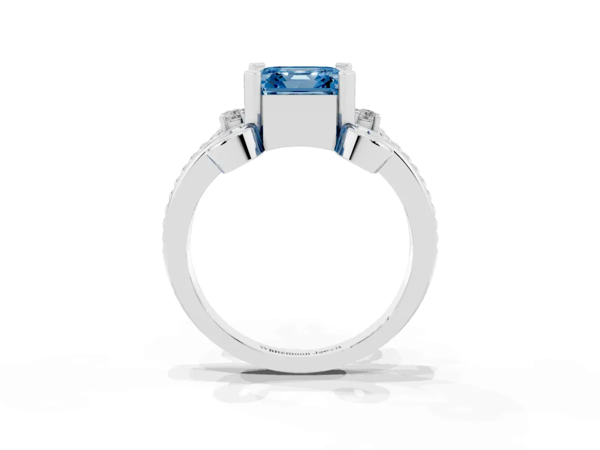 Fancy Blue Asscher Cut Solitaire Twisted Band Scroll Prong Ring Silver