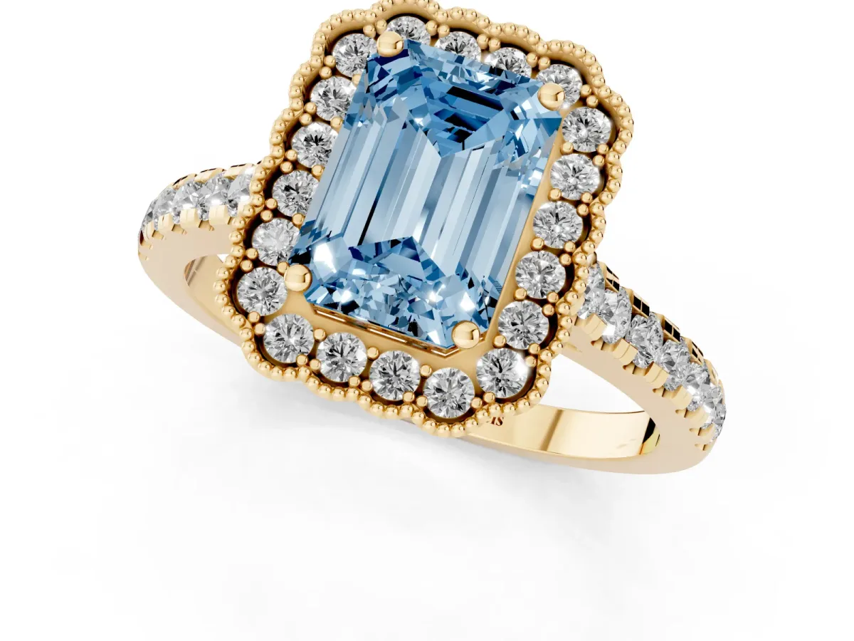 Fancy Blue Emerald Cut Cut Diamond Milgrain Floral Halo Engagement Ring with Pavé Band Yellow gold