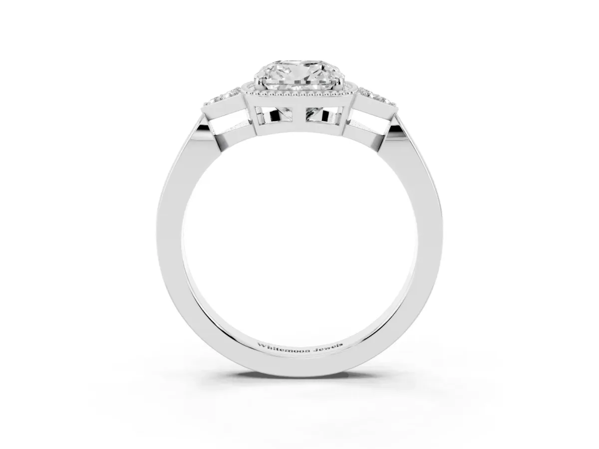 Hexagonal Halo Cushion Cut Diamond Solitaire with Pavé Band and Four-Prong Setting Silver