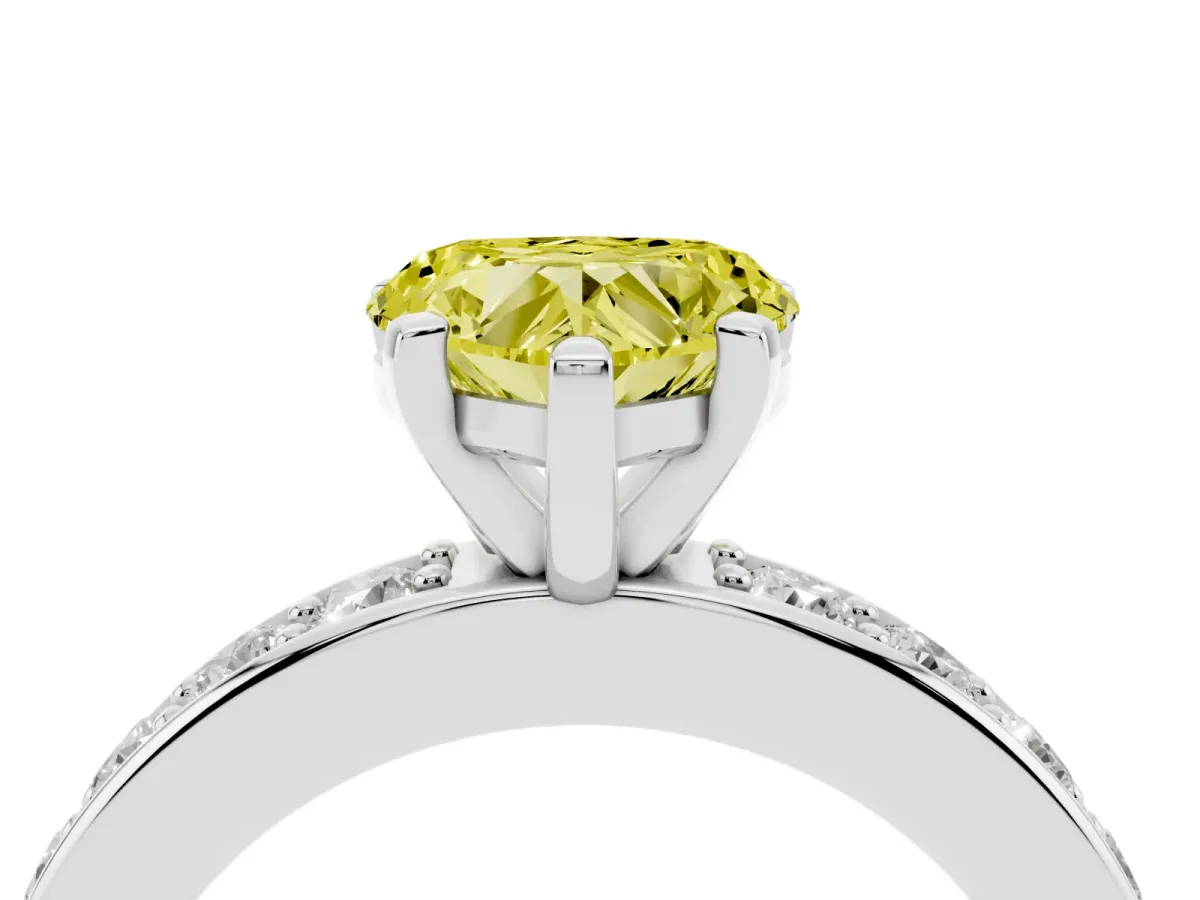 Fancy Yellow Heart Cut Diamond Engagement Ring with Channel Set Round Band and Prong Setting Silver