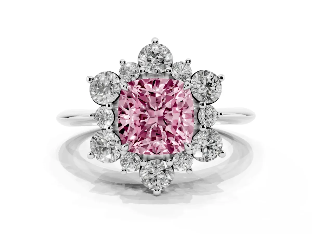 Fancy Pink Cushion Cut Diamond Cluster Halo Ring with Solitaire Band and Four-Prong Setting Silver