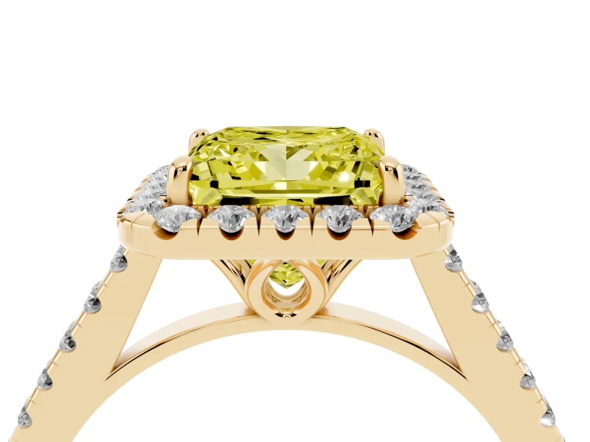 Fancy Yellow Princess Cut Halo Pavé Diamond Engagement Ring with Four-Prong Setting Yellow gold