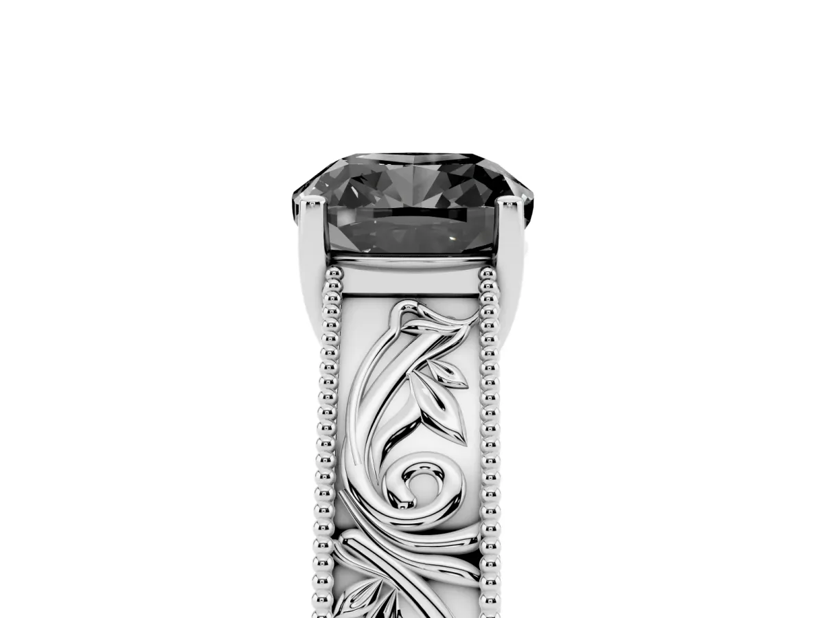 Fancy Black Cushion Cut Diamond Solitaire Ring with Engraved Band and Four-Prong Setting Silver