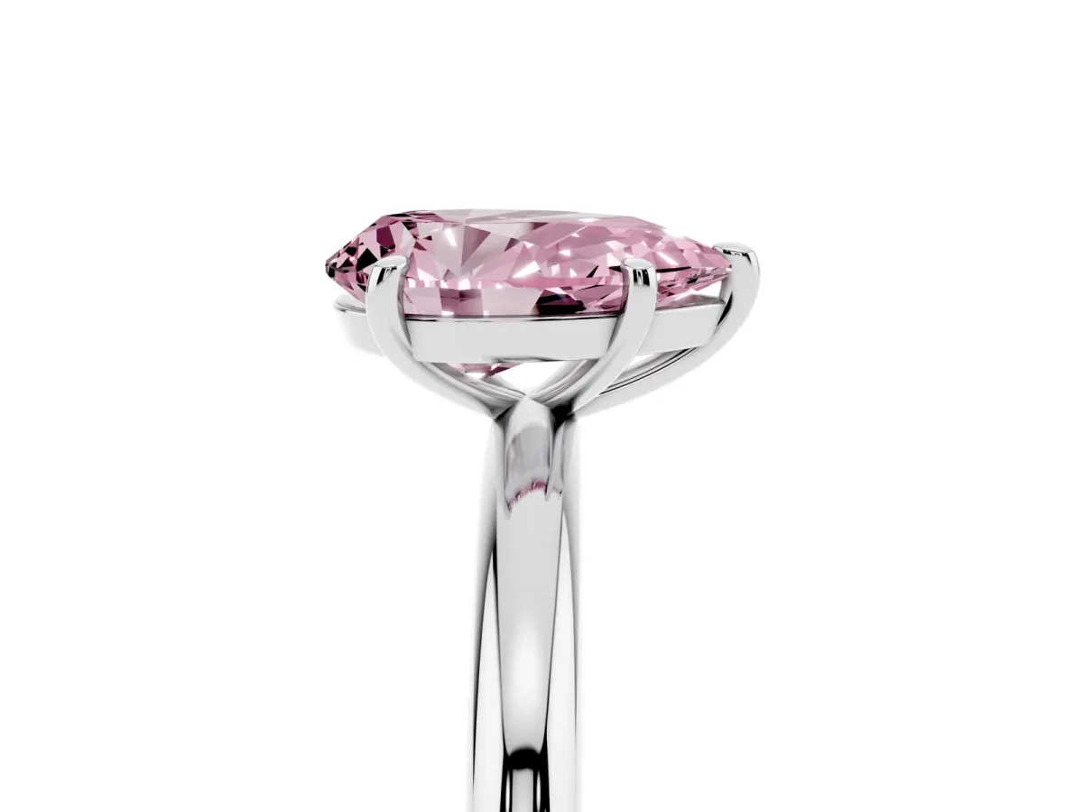 Fancy Pink Pear Cut Solitaire Diamond Ring with Four-Prong Setting on a Plain Band Platinum