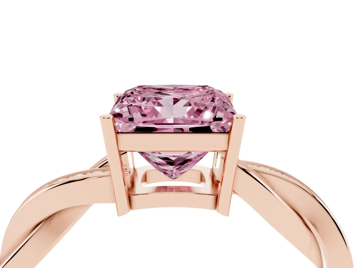 Fancy Pink Princess Cut Solitaire Twisted Pave Diamond Ring with Four-Prong Setting Rose gold