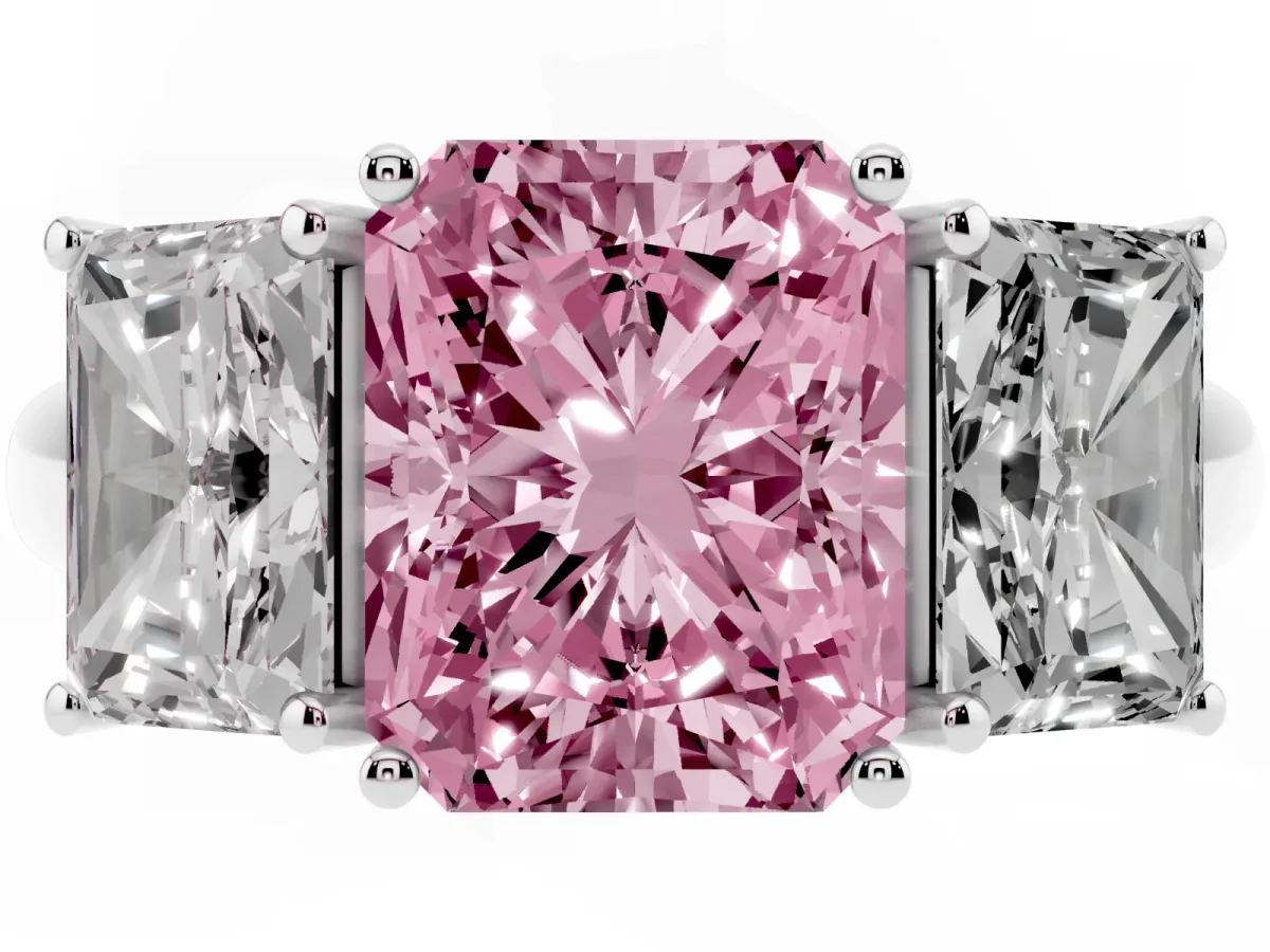 Fancy Pink Three-Stone Radiant Cut Diamond Engagement Ring with Prong Setting Silver