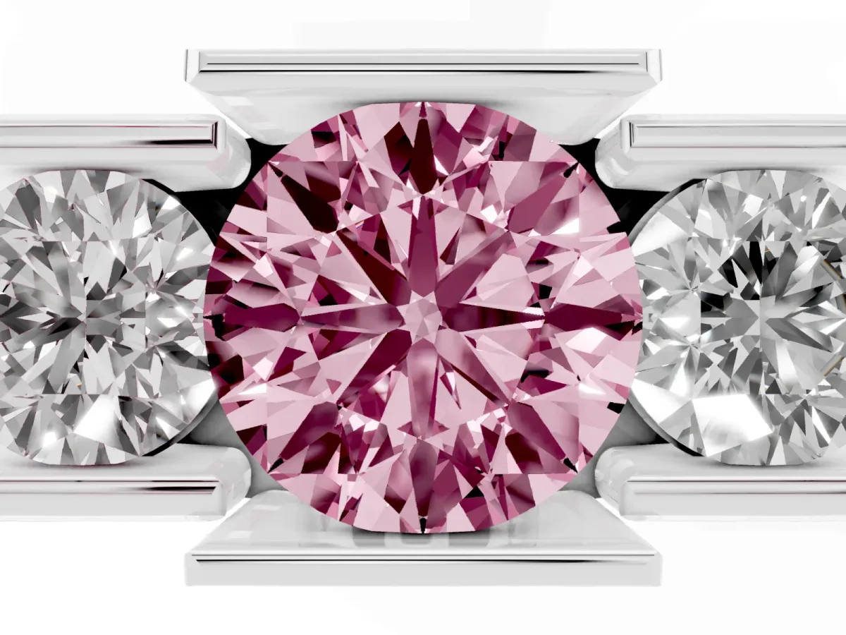 Fancy Pink Three Stone Round Cut Cut Channel Set Diamond Ring Platinum
