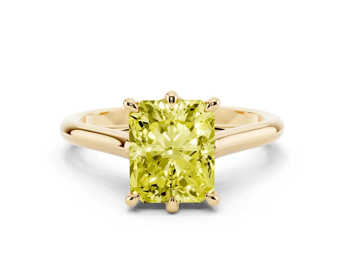 Fancy Yellow Radiant Cut Solitaire Engagement Ring with Six-Prong Setting and Classic Band Yellow gold